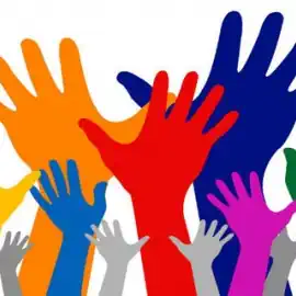 Hands. Multicoloured hand in the air drawing