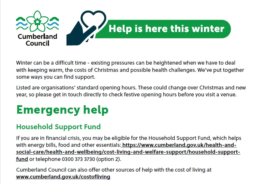 Winter Help 2024. Cumberland Council Winter Help Newsletter excerpt.