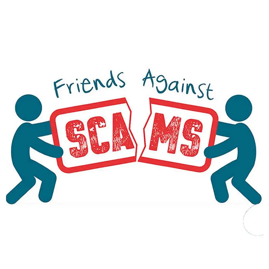 Logo of Friends Against Scams depicting two people ripping apart scams